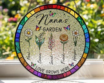 Custom Family Birth Flower Suncatcher, Nana's Garden Glass Suncatcher, Mother's Day Gift for Grandma Mom
