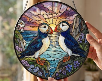 Puffin Couple Stained Glass Style Suncatcher, Ireland Cliff Landscape Window Hanging, Seabird Decor