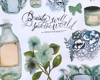 Beauty and Bottles Printable | Floral Botanical Watercolor Painting Journaling Ephemera