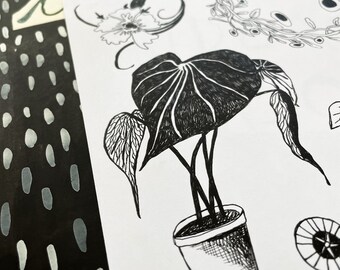 Imprimable floral noir et blanc | Dessin à l’encre de feuilles de collage de fleurs | Journal éphémère