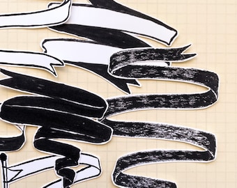 Bannières dessinées à la main en noir et blanc