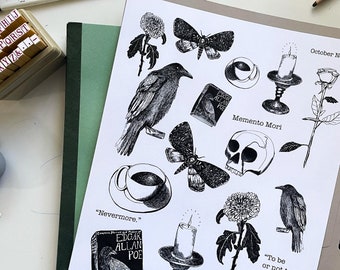 Spooky Noir Ink Drawings Moody Fall Vibes Journaling Feuille de collage imprimable