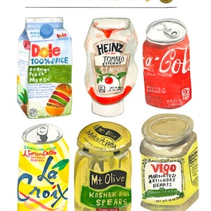 May include: A watercolor illustration of a variety of food and beverage items, including a carton of Dole 100% orange, peach, and mango juice, a bottle of Heinz Simply Tomato Ketchup, a can of Coca-Cola, a can of La Croix sparkling water with lemoncello essence, a jar of Mt. Olive Kosher Dill Spears, and a jar of Vigo marinated artichoke hearts.