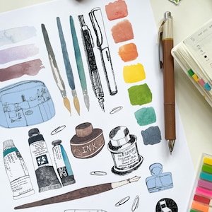 May include: A white sheet of paper with a variety of art supplies drawn on it, including watercolor paints, brushes, pens, ink bottles, and a pencil. The paper is surrounded by other art supplies, including a pencil case, a ruler, and a notebook.