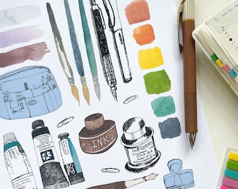 Outils magiques imprimables | Fournitures de journalisation artistique Éphémères | Stylo plume Encre Crayon Fourniture de peinture Illustrations