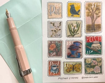 Autocollants imprimables de timbres-poste, illustrations de timbres d'art postal, correspondant, correspondance, impression numérique