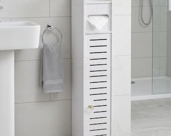 White Wooden Toilet Paper Holder Slim Bathroom Storage Cabinet