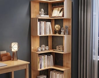 3,4,5 Tier Natural Wood Corner Bookshelf, Modern Triangle Display Rack