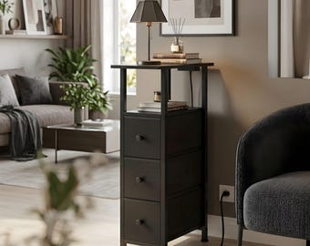 Bedside Table with Drawers, Narrow Nightstand Wood Metal Storage Unit