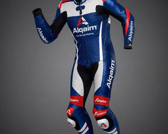 Alqaim Motorcycle Racing Suit Blue White Red | One Piece Leather Biker Suit | CE Armored Moto Track Suit | Custom Racing Gear