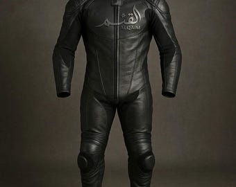 Schwarzer Leder Motorrad-Rennanzug für Herren, Ganzkörper-Biker-Outfit, Arabisches Logo-Track-Gear