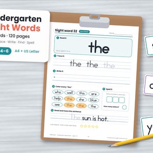Può includere: Una scheda didattica Kindergarten Sight Words su una cartellina con la parola the, linee da tracciare e un'attività di ricerca parole. Include tre piccoli cartellini rettangolari con le parole see, and e you, oltre a una matita gialla.