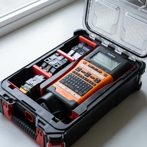 Könnte beinhalten: Ein schwarzer und roter Hartschalenkoffer mit transparentem Deckel, der einen Brother-Etikettendrucker in Orange und Schwarz enthält. Der Koffer enthält auch mehrere schwarze und graue Zubehörteile. Der Etikettendrucker hat eine Tastatur und einen Bildschirm.