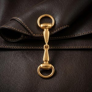 May include: Close-up of a gold-colored metal clasp with a ring on each end, connected by a decorative bar. The clasp is set against a dark brown leather background with visible stitching.