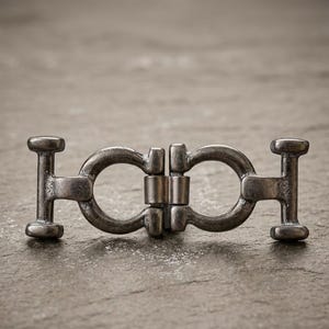 Può includere: Una fibbia in metallo scuro composta da due anelli simmetrici a forma di ferro di cavallo collegati da una cerniera centrale, con barre verticali alle estremità. L'accessorio presenta una finitura opaca e leggermente usurata.