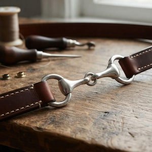 May include: A brown leather strap featuring a silver-toned metal horse bit connector. The leather is stitched with light-colored thread along the edges, creating a durable finish. The metal hardware is polished and smooth, connecting two leather sections.