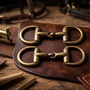 Puede incluir: Dos bocados de caballo de metal color latón con anillas en forma de D y una embocadura articulada central. Los herrajes tienen un acabado mate envejecido y están colocados sobre una superficie de cuero marrón oscuro junto a herramientas.