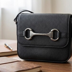 May include: A black textured shoulder bag featuring a rectangular flap and a prominent antique silver-toned metal horsebit-style hardware detail centered on the front. The bag includes a matching black shoulder strap and a structured silhouette.