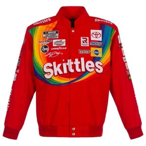 Vintage Skittles Racing Jacket, NASCAR Style Bomber, Rainbow Pit Crew Track Coat