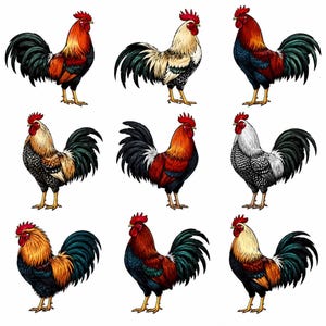 Può includere: Una collezione di nove illustrazioni dettagliate di galli disposte in una griglia. Ogni uccello presenta un motivo cromatico distinto, tra cui sfumature di rosso, nero, bianco e oro, con creste e bargigli rossi, su zampe gialle.