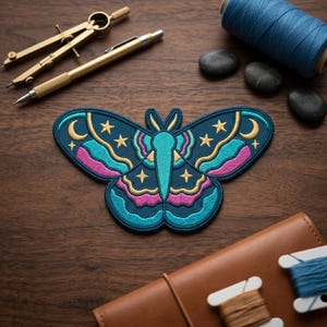 May include: A detailed, embroidered patch in the shape of a moth, featuring a celestial design with stars and a crescent moon. The patch has a teal background with pink, gold, and turquoise accents. Other items on a wooden surface include a compass, pen, and thread.