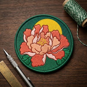 May include: Embroidered patch featuring a peony flower design with a yellow sun against a green background. The flower has shades of peach, coral, and pink. The patch is round and sits on a wooden surface, with a spool of green and white thread and a craft knife nearby.