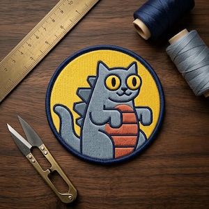 May include: Embroidered patch featuring a gray cat with a dinosaur-like spine and orange belly, set against a yellow circle. The cat has large yellow eyes and a smiling expression. The patch is bordered by a navy blue outline.
