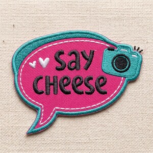 Say Cheese Embroidered Patch Cute Camera Speech Bubble Iron On Photography Quote Badge