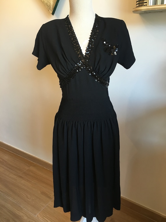 Vintage 1940's Black Crepe Sequined Tea Dress