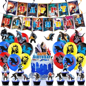 Könnte beinhalten: Ein Party-Deko-Set zum Thema Godzilla und King Kong mit einem Happy Birthday-Banner, bunten Luftballons mit Charaktersilhouetten, einem großen Tortenaufleger mit der Aufschrift Happy Birthday und mehreren kleinen Cupcake-Toppern.