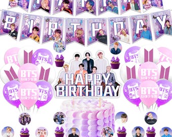Kit de fournitures de fête d'anniversaire BTS | Bannière, Ballons, Décoration de gâteau