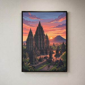 Puede incluir: Una impresión de arte mural enmarcada que representa un complejo de templos de piedra de varios niveles al atardecer. La escena presenta estructuras altas y puntiagudas, palmeras verdes y una silueta de montaña bajo un cielo naranja, rosa y morado.
