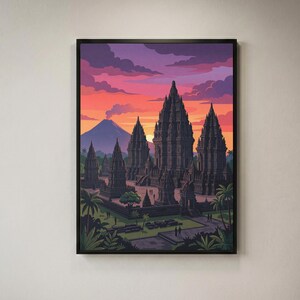 Prambanan Temple Print, Java Indonesien Sunset Art, Tropical Asia Architecture Poster