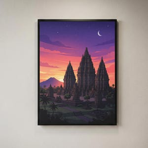 Modern Temple Decor, Prambanan Night Art, Indonesia Temple Print, Java Starry Sky Poster, Asia Travel Decor