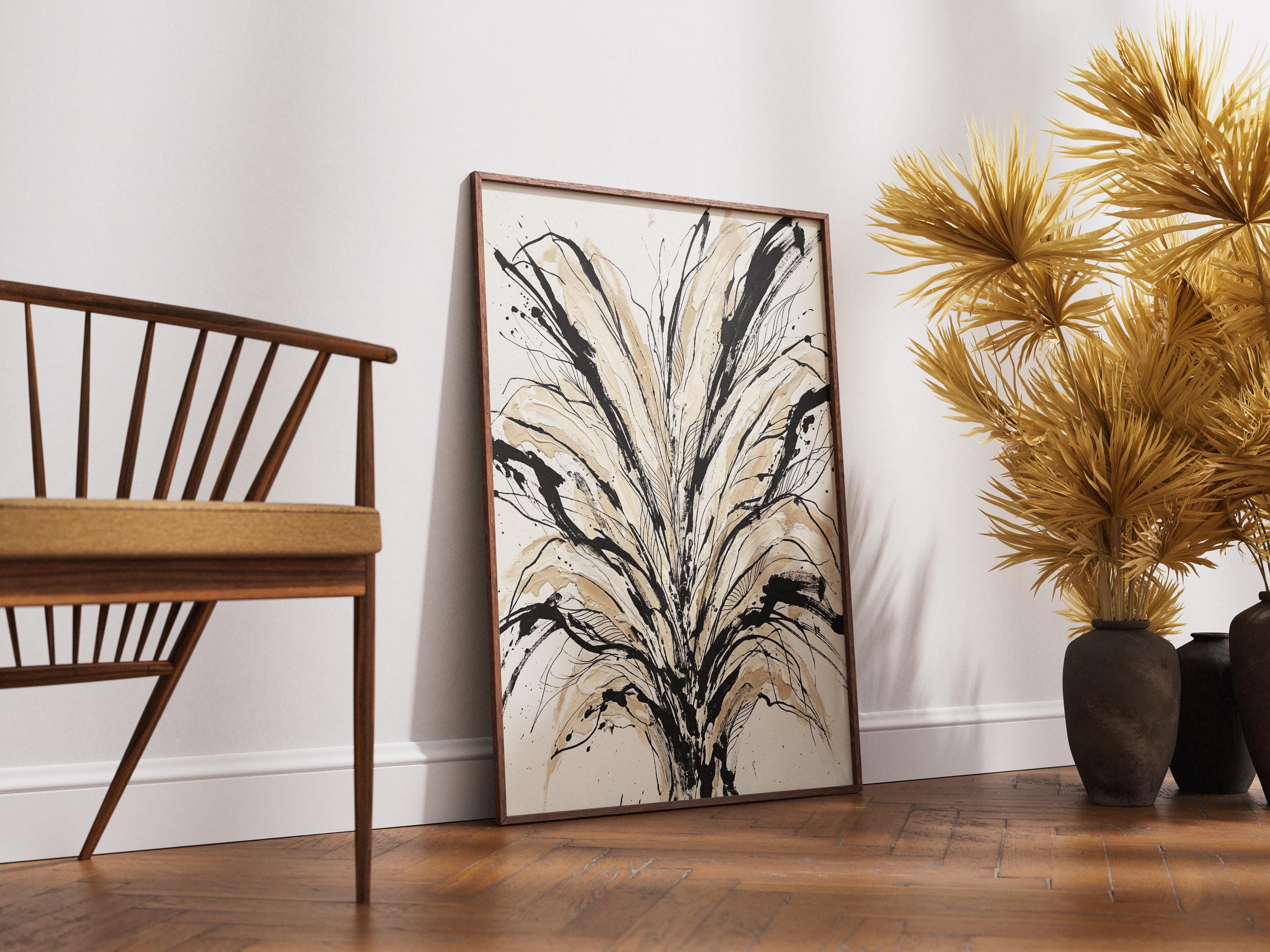 Black Palm Leaf Art Print | Beige Gold Botanical Ink Drip | Tropical ...