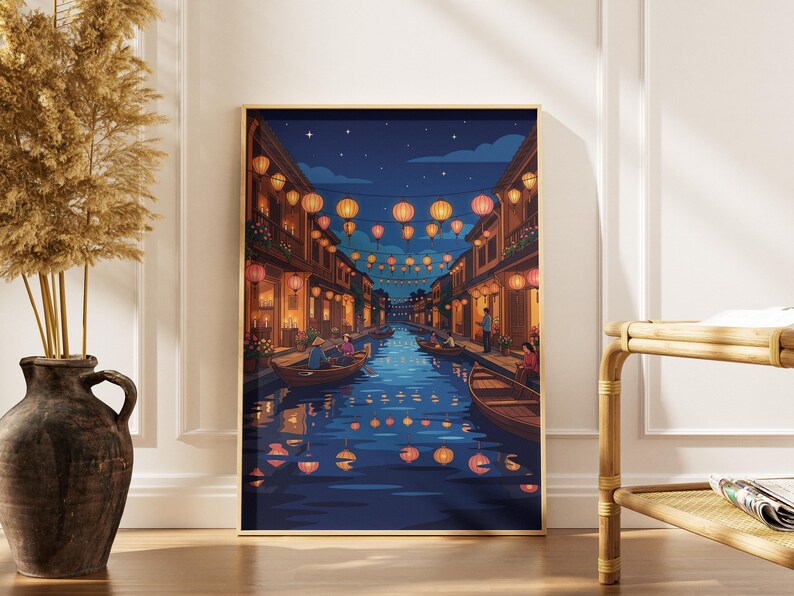 Hoi An Lantern Festival Print Aerial Night Canal Boats Vietnam Travel 