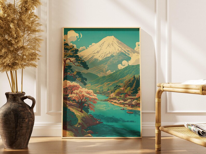 Mount Fuji Travel Poster – Cherry Blossom Japanese Landscape Art Print ...