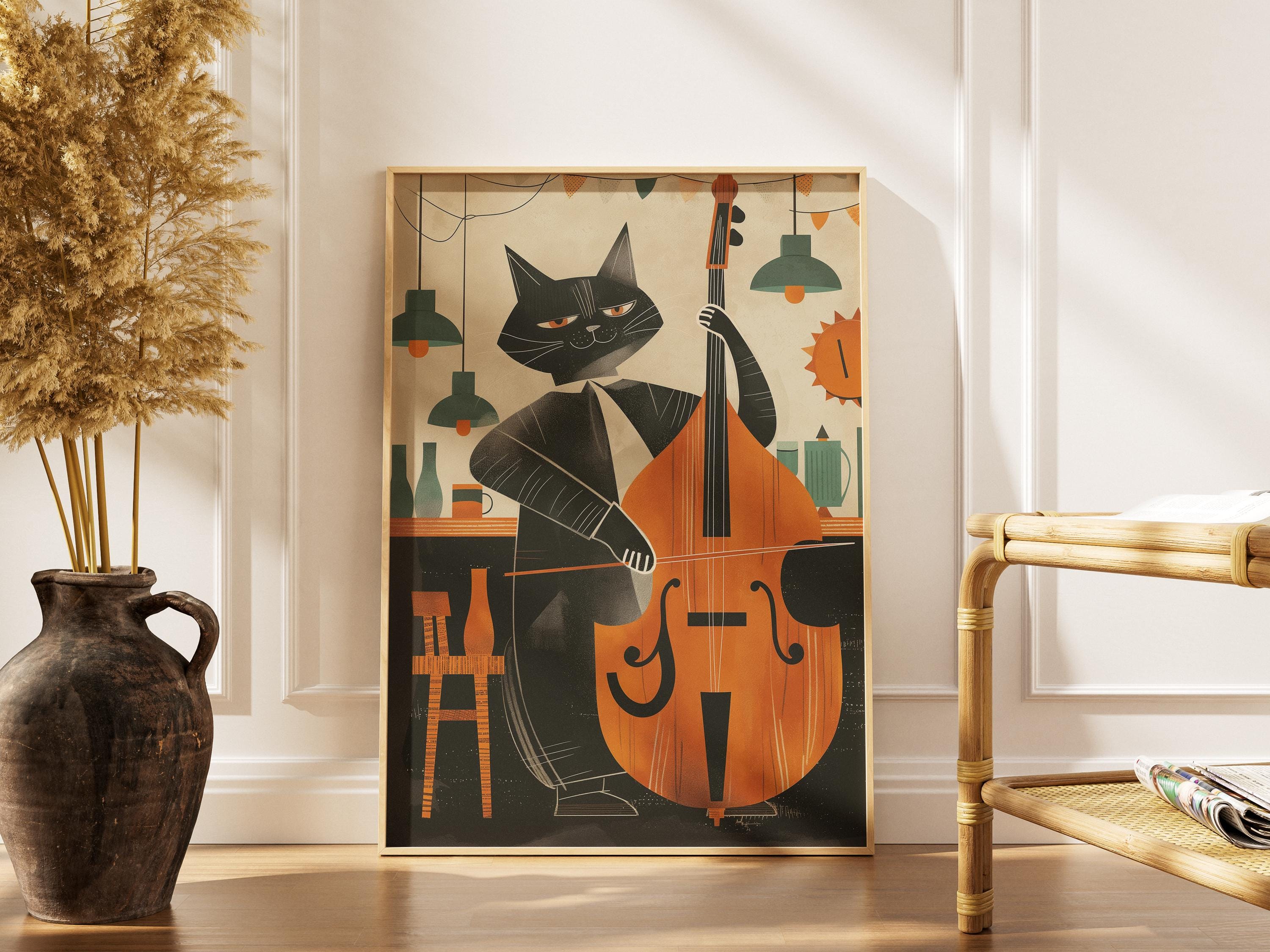 Mid Century Jazz Cat Double Bass Poster | Whimsical Feline