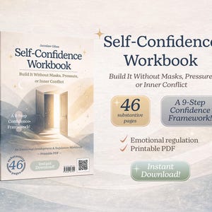 Puede incluir: Un libro de autoayuda titulado "Self-Confidence Workbook" de Jaroslaw Gibas. La portada presenta una ilustración de una puerta abierta. El libro promete construir la confianza en sí mismo. Incluye 46 páginas y un marco de confianza de 9 pasos.