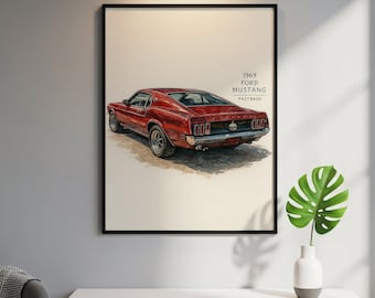 1969 Ford Mustang Fastback Vintage Car Poster, Classic Muscle Car Wall Art Print