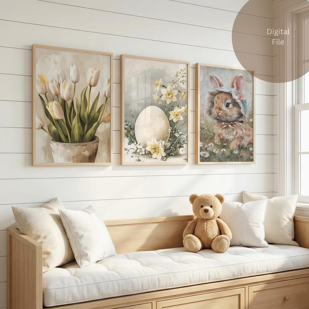 Vintage Bunny Nursery Prints, Set of 3 Neutral Gallery Wall Art ...