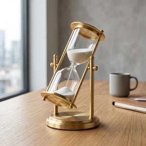 Könnte beinhalten: Eine Messing-Sanduhr mit transparenten Glaskammern, die mit weißem Sand gefüllt sind. Die Sanduhr ist geneigt und ruht auf einem Messingsockel und wird von einem Messingrahmen getragen. Klassisches und elegantes Design.