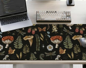Dark Academia Botanical Desk Mat: Vintage Mushroom Woodland Keyboard Pad