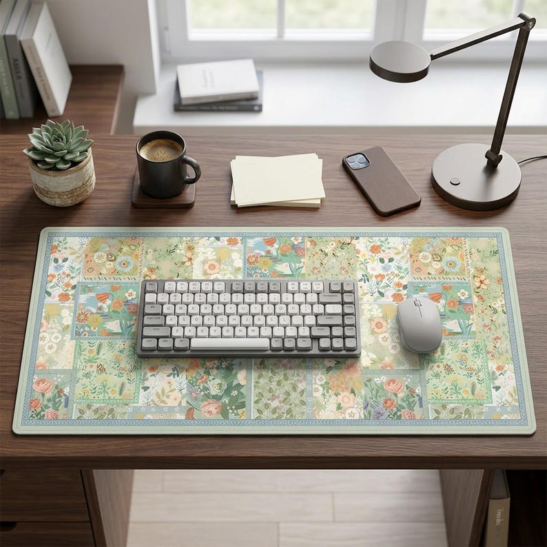 May include: A floral patterned desk mat with a light blue border, a gray keyboard, and a white mouse. The desk mat features a patchwork design with flowers and leaves in various colors. A desk lamp, a coffee mug, and a phone are also on the desk.