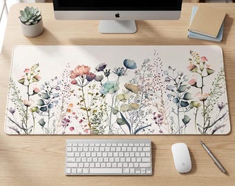 Watercolor Wildflower Desk Mat, Botanical Workspace Decor, Extended Mouse Pad