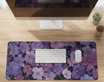 Purple Floral Desk Mat Large Gaming Mouse Pad Aesthetic Flower Keyboard Pad Stitched Edge Office Decor Gift for Her & Student Desk