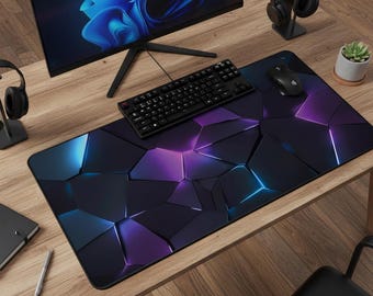 Neon Geometric Desk Mat: Purple Blue Abstract Gaming Mouse Pad