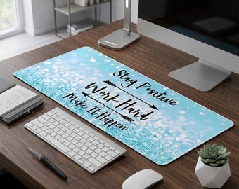 Motivational Desk Mat: Stay Positive Work Hard, Black Woodgrain Keyboard Pad