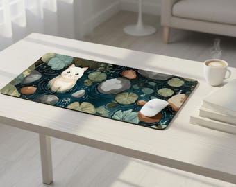 White Cat Lily Pad Desk Mat – Serene Pond Illustration, Non-Slip Rubber Base Workspace Pad