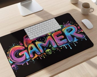 Graffiti Art Gamer Desk Mat: Neon Rainbow Gaming Mousepad, Large XXL Setup Decor